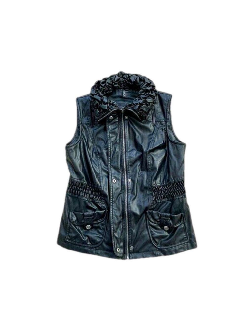 Black Vegan Leather Ethyl Vest, Ruffled Collar, Size M - Picture 7 of 14